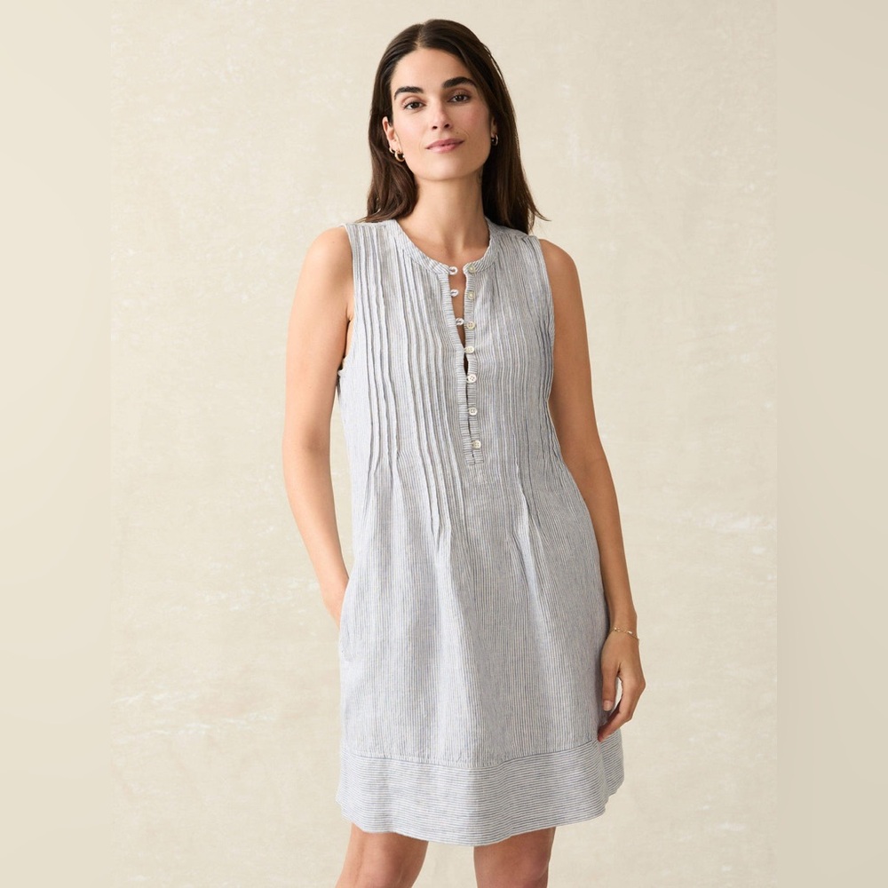 Faherty Women’s Isha Dress Blue Mini Stripe Medium 100% Linen Retro Lightweight